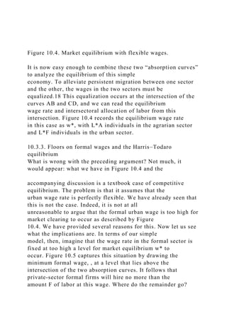 Figure 10.4. Market equilibrium with flexible wages.
It is now easy enough to combine these two “absorption curves”
to analyze the equilibrium of this simple
economy. To alleviate persistent migration between one sector
and the other, the wages in the two sectors must be
equalized.18 This equalization occurs at the intersection of the
curves AB and CD, and we can read the equilibrium
wage rate and intersectoral allocation of labor from this
intersection. Figure 10.4 records the equilibrium wage rate
in this case as w*, with L*A individuals in the agrarian sector
and L*F individuals in the urban sector.
10.3.3. Floors on formal wages and the Harris–Todaro
equilibrium
What is wrong with the preceding argument? Not much, it
would appear: what we have in Figure 10.4 and the
accompanying discussion is a textbook case of competitive
equilibrium. The problem is that it assumes that the
urban wage rate is perfectly flexible. We have already seen that
this is not the case. Indeed, it is not at all
unreasonable to argue that the formal urban wage is too high for
market clearing to occur as described by Figure
10.4. We have provided several reasons for this. Now let us see
what the implications are. In terms of our simple
model, then, imagine that the wage rate in the formal sector is
fixed at too high a level for market equilibrium w* to
occur. Figure 10.5 captures this situation by drawing the
minimum formal wage, , at a level that lies above the
intersection of the two absorption curves. It follows that
private-sector formal firms will hire no more than the
amount F of labor at this wage. Where do the remainder go?
 