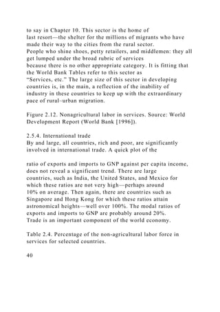 to say in Chapter 10. This sector is the home of
last resort—the shelter for the millions of migrants who have
made their way to the cities from the rural sector.
People who shine shoes, petty retailers, and middlemen: they all
get lumped under the broad rubric of services
because there is no other appropriate category. It is fitting that
the World Bank Tables refer to this sector as
“Services, etc.” The large size of this sector in developing
countries is, in the main, a reflection of the inability of
industry in these countries to keep up with the extraordinary
pace of rural–urban migration.
Figure 2.12. Nonagricultural labor in services. Source: World
Development Report (World Bank [1996]).
2.5.4. International trade
By and large, all countries, rich and poor, are significantly
involved in international trade. A quick plot of the
ratio of exports and imports to GNP against per capita income,
does not reveal a significant trend. There are large
countries, such as India, the United States, and Mexico for
which these ratios are not very high—perhaps around
10% on average. Then again, there are countries such as
Singapore and Hong Kong for which these ratios attain
astronomical heights—well over 100%. The modal ratios of
exports and imports to GNP are probably around 20%.
Trade is an important component of the world economy.
Table 2.4. Percentage of the non-agricultural labor force in
services for selected countries.
40
 
