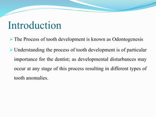 Introduction
 The Process of tooth development is known as Odontogenesis
 Understanding the process of tooth development is of particular
importance for the dentist; as developmental disturbances may
occur at any stage of this process resulting in different types of
tooth anomalies.
 