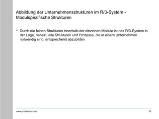 www.pr-ofession.com
Abbildung der Unternehmensstrukturen im R/3-System -
Modulspezifische Strukturen
• Durch die feinen Strukturen innerhalb der einzelnen Module ist das R/3-System in
der Lage, nahezu alle Strukturen und Prozesse, die in einem Unternehmen
notwendig sind, entsprechend abzubilden
30
 