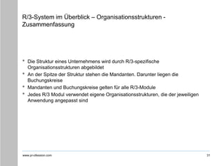 www.pr-ofession.com
R/3-System im Überblick – Organisationsstrukturen -
Zusammenfassung
31
• Die Struktur eines Unternehmens wird durch R/3-spezifische
Organisationsstrukturen abgebildet
• An der Spitze der Struktur stehen die Mandanten. Darunter liegen die
Buchungskreise
• Mandanten und Buchungskreise gelten für alle R/3-Module
• Jedes R/3 Modul verwendet eigene Organisationsstrukturen, die der jeweiligen
Anwendung angepasst sind
 