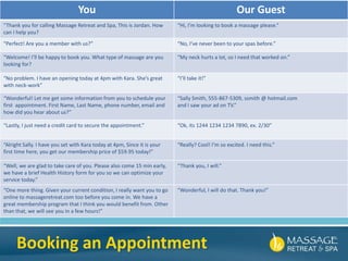 You Our Guest
“Thank you for calling Massage Retreat and Spa, This is Jordan. How
can I help you?
“Hi, I’m looking to book a massage please.”
“Perfect! Are you a member with us?” “No, I’ve never been to your spas before.”
“Welcome! I’ll be happy to book you. What type of massage are you
looking for?
“My neck hurts a lot, so I need that worked on.”
“No problem. I have an opening today at 4pm with Kara. She’s great
with neck-work”
“I’ll take it!”
“Wonderful! Let me get some information from you to schedule your
first appointment. First Name, Last Name, phone number, email and
how did you hear about us?”
“Sally Smith, 555-867-5309, ssmith @ hotmail.com
and I saw your ad on TV.”
“Lastly, I just need a credit card to secure the appointment.” “Ok, its 1244 1234 1234 7890, ex. 2/30”
“Alright Sally. I have you set with Kara today at 4pm, Since it is your
first time here, you get our membership price of $59.95 today!”
“Really? Cool! I’m so excited. I need this.”
“Well, we are glad to take care of you. Please also come 15 min early,
we have a brief Health History form for you so we can optimize your
service today.”
“Thank you, I will.”
“One more thing. Given your current condition, I really want you to go
online to massageretreat.com too before you come in. We have a
great membership program that I think you would benefit from. Other
than that, we will see you in a few hours!”
“Wonderful, I will do that. Thank you!”
Booking an Appointment
 