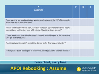 A
ASSUME
P O I
“Lucy wants to see you back in two weeks, which puts us at the 23rd of the month.
What time works best- 3 or 4pm?”
“Based on Chip’s treatment plan, I see that he has an appointment in three weeks
open at 6pm, and he does have a 90 minute. I’ll get that down for you!”
“Three weeks puts us at Monday, the 4th. Sarah is available again at the same time.
Let’s get that scheduled.”
“Looking at your therapist’s availability, do you prefer Thursday or Saturday?”
“Tiffany has a 10am open again in two weeks, would you prefer 60 or 90 minute?”
Every client, every time!
APOI Rebooking : Assume
 
