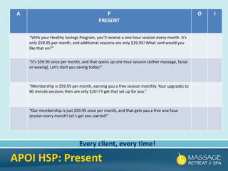 A P
PRESENT
O I
“With your Healthy Savings Program, you’ll receive a one hour session every month. It’s
only $59.95 per month, and additional sessions are only $39.95! What card would you
like that on?”
“It’s $59.95 once per month, and that opens up one hour session (either massage, facial
or waxing). Let’s start you saving today!”
“Membership is $59.95 per month, earning you a free session monthly. Your upgrades to
90 minute sessions then are only $20! I’ll get that set up for you.”
“Our membership is just $59.95 once per month, and that gets you a free one hour
session every month! Let’s get you started!”
Every client, every time!
APOI HSP: Present
 