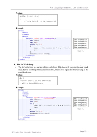 Web Designing with HTML, CSS and JavaScript
Page 53
Sri Lanka Anti Narcotics Association
Syntax:
Example:
4. The Do/While Loop
 The do/while loop is a variant of the while loop. This loop will execute the code block
once, before checking if the condition is true, then it will repeat the loop as long as the
condition is true.
Syntax:
Example:
while (condition)
{
//code block to be executed
}
do {
//code block to be executed
} while (condition);
Figure 11.4
Figure 11.5
 