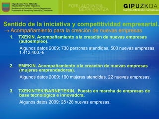 Sentido de la iniciativa y competitividad empresarial.
  Acompañamiento para la creación de nuevas empresas
  1.   TXEKIN. Acompañamiento a la creación de nuevas empresas
       (autoempleo).
       Algunos datos 2009: 730 personas atendidas. 500 nuevas empresas.
       1.412.400.-€


  2.   EMEKIN. Acompañamiento a la creación de nuevas empresas
       (mujeres emprendedoras).
       Algunos datos 2009: 100 mujeres atendidas. 22 nuevas empresas.


  3.   TXEKINTEK/BARNETEKIN. Puesta en marcha de empresas de
       base tecnológica e innovadora.
       Algunos datos 2009: 25+28 nuevas empresas.
 