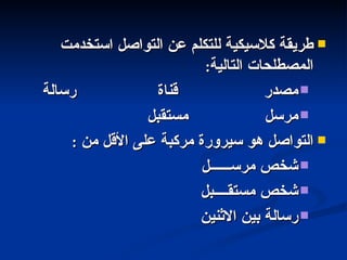 طريقة كلاسيكية للتكلم عن التواصل استخدمت المصطلحات التالية : مصدر  قناة  رسالة مرسل  مستقبل التواصل هو سيرورة مركبة على الأقل من  : شخص مرســــــل شخص مستقــــبل رسالة بين الاثنين 
