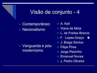 Visão de conjunto - 4

 Contemporâneo:      A. Keil

 Nacionalismo        Viana da Mota
                      L. de Freitas Branco
                      F. Lopes-Graça
                      J. Braga Santos
 Vanguarda e pós-    Filipe Pires
 modernismo           Jorge Peixinho
                      Emanuel Nunes
                      J. Pedro Oliveira
 