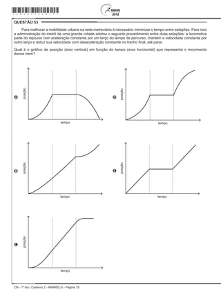 CN - 1º dia | Caderno 2 - AMARELO - Página 19
QUESTÃO 53	
Para melhorar a mobilidade urbana na rede metroviária é necessário minimizar o tempo entre estações. Para isso
a administração do metrô de uma grande cidade adotou o seguinte procedimento entre duas estações: a locomotiva
parte do repouso com aceleração constante por um terço do tempo de percurso, mantém a velocidade constante por
outro terço e reduz sua velocidade com desaceleração constante no trecho final, até parar.
Qual é o gráfico de posição (eixo vertical) em função do tempo (eixo horizontal) que representa o movimento
desse trem?
A
tempo
posição
D
tempoposição
B
tempo
posição
E
tempo
posição
C
tempo
posição
*Amar75SAB19*
 