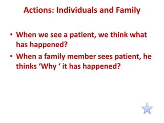 Actions: Individuals and Family
• When we see a patient, we think what
has happened?
• When a family member sees patient, he
thinks ‘Why ‘ it has happened?
 