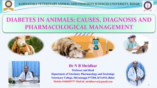 DIABETES IN ANIMALS: CAUSES, DIAGNOSIS AND
PHARMACOLOGICAL MANAGEMENT
KARNATAKA VETERINARY ANIMAL AND FISHERIES SCIENCES UNIVERSITY, BIDAR
Dr N B Shridhar
Professor and Head
Department of Veterinary Pharmacology and Toxicology
Veterinary College, Shivamogga-577204, KVAFSU,Bidar
Mobile:9448059777 Mail id: shridharvet@gmail.com
1
 