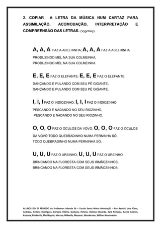 ALUNOS DO 2º PERÍODO da Professora Iolanda Sá – Escola Santa Maria Menina/LJ - Ana Beatriz, Ana Clara,
Andreza, Ayllana Rodrigues, Bárbara Vitória, Gustavo, Helena, Heloiza Eduarda, Kaik Pompeu, Kayke Gabriel,
Kaylana, Kimberlly, Mariângela, Marcos, Mikaelly, Meymar, Wanderson, Willian Nascimento.
2. COPIAR A LETRA DA MÚSICA NUM CARTAZ PARA
ASSIMILAÇÃO, ACOMODAÇÃO, INTERPRETAÇÃO E
COMPREENSÃO DAS LETRAS. (Vygotsky).
A, A, A FAZ A ABELHINHA; A, A, A FAZ A ABELHINHA
PRODUZINDO MEL NA SUA COLMEINHA,
PRODUZINDO MEL NA SUA COLMEINHA.
E, E, E FAZ O ELEFANTE; E, E, E FAZ O ELEFANTE
DANÇANDO E PULANDO COM SEU PÉ GIGANTE,
DANÇANDO E PULANDO COM SEU PÉ GIGANTE.
I, I, I FAZ O INDIOZINHO; I, I, I FAZ O INDIOZINHO
PESCANDO E NADANDO NO SEU RIOZINHO,
PESCANDO E NADANDO NO SEU RIOZINHO.
O, O, O FAZ O ÓCULOS DA VOVÓ; O, O, O FAZ O ÓCULOS
DA VOVÓ TODO QUEBRADINHO NUMA PERNINHA SÓ,
TODO QUEBRADINHO NUMA PERNINHA SÓ.
U, U, U FAZ O URSINHO; U, U, U FAZ O URSINHO
BRINCANDO NA FLORESTA COM SEUS IRMÃOZINHOS,
BRINCANDO NA FLORESTA COM SEUS IRMÃOZINHOS.
 