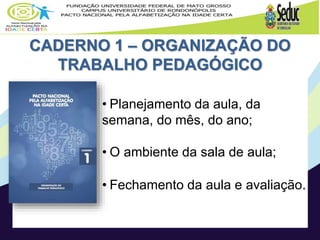 CADERNO 1 – ORGANIZAÇÃO DO
TRABALHO PEDAGÓGICO
• Planejamento da aula, da
semana, do mês, do ano;
• O ambiente da sala de aula;
• Fechamento da aula e avaliação.
 