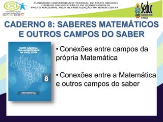 CADERNO 8: SABERES MATEMÁTICOS
E OUTROS CAMPOS DO SABER
• Conexões entre campos da
própria Matemática
• Conexões entre a Matemática
e outros campos do saber
 