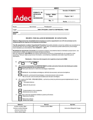 ADEC
FORMATO DE
DETECCIÓN
DE
NECESIDADES
Versión: 01-082015
Código: RRHH-
FO-01 Página 1 de 1
No. 1
Fecha: 09 08 2015
Elaboró: Revisó: Aprobó:
Andrea carolina millan
Adriana carolina Buitrago
Johanna Andrea diaz
Karen Johana lagos
Andrea carolina Millán
Instructora Margarita Vargas
Fecha:__________________ Hora Inicio: ___________ Finalización: _______________
Lugar: ______________________________SENA ZIPAQUIRA LOGISTICA EMPRESARIAL TARDE
NOMBRE: ________________________________________________________________________
EDAD: ____________________________________________________________________________
ENCUESTA PARA HALLAZGO DE NECESIDADES DE CAPACITACIÓN.
Objetivo:Diagnosticar las necesidades de la empresa encuantoa capacitación con el fin de comenzar con la
implementaciónde mejoras en los aspectos encontrados.
Tipo De capacitación a realizar: Capacitación Preventiva:Es aquella orientada a prever los cambios que se producen en
el personal, toda vez que su desempeño puede variar con los años, sus destrezas pueden deteriorarse y la tecnología
hacer obsoletos sus conocimientos. DÍAZ HEDIBERTO , 2013
Modalidad de capacitación: Formación:Su propósito es impartir conocimientos básicos orientados a proporcionar una
visión general y amplia con relación al contexto de desenvolvimiento.
Nivel de capacitación: Nivel Básico:Se orienta a personalque se inicia en el desempeño de una ocupación o área
específica. Tiene por objeto proporcionar información, conocimientos y habilidades esenciales requeridos para el
desempeño.
Realizada a : Alumnos del programa de Logística empresarial SENA
8. ¿Sabe que es un plan estratégico?
SI NO
9. ¿En cuanto a esta temática PLANESTRATEGICO señale cual sería el tema de más interés para usted,
para la implementación de una capacitación?
Pasos para alcanzar la visión de la estrategia a implementar
 Delimitación de prioridades estratégicas, definición de escenario, estructura de objetivos
Formulación y priorización de estrategias, a nivel personalpero estructurado.
Plan de acción, estructurado para la elaboración del plan estratégico.
10. ¿En cuanto a CULTURA ORGANIZACIONAL cuál sería su tema de preferencia para la implementación de una
capacitación?
Conceptos básicos
Selección de personal
Comportamiento de los empleados
Dimensiones de la cultura.
11. Seleccione cuál de las siguientes temáticas quisiera profundizar.
Relaciones Humanas
Relaciones publicas
Gestión del cambio
 