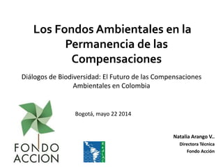 Natalia Arango V..
Directora Técnica
Fondo Acción
Bogotá, mayo 22 2014
Los Fondos Ambientales en la
Permanencia de las
Compensaciones
Diálogos de Biodiversidad: El Futuro de las Compensaciones
Ambientales en Colombia
 