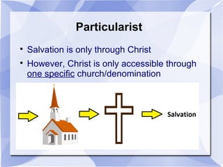 Particularist

Salvation is only through Christ

However, Christ is only accessible through
one specific church/denomination
 