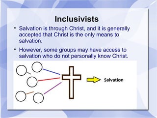 Inclusivists

Salvation is through Christ, and it is generally
accepted that Christ is the only means to
salvation.

However, some groups may have access to
salvation who do not personally know Christ.
 