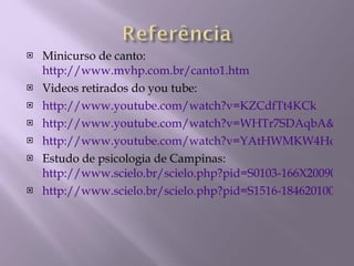 Minicurso de canto: http://www.mvhp.com.br/canto1.htm Videos retirados do you tube: http://www.youtube.com/watch?v=KZCdfTt4KCk http://www.youtube.com/watch?v=WHTr7SDAqbA&feature=related http://www.youtube.com/watch?v=YAtHWMKW4Ho&feature=channel Estudo de psicologia de Campinas:  http://www.scielo.br/scielo.php?pid=S0103-166X2009000200010&script=sci_arttext http://www.scielo.br/scielo.php?pid=S1516-18462010005000040&script=sci_arttext 