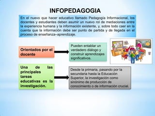 INFOPEDAGOGIA
En el nuevo que hacer educativo llamado Pedagogía Informacional, los
docentes y estudiantes deben asumir un nuevo rol de mediaciones entre
la experiencia humana y la información existente, y, sobre todo caer en la
cuenta que la información debe ser punto de partida y de llegada en el
proceso de enseñanza–aprendizaje.


                                Pueden entablar un
Orientados por el               verdadero diálogo y
docente                         construir aprendizajes
                                significativos.

Una     de     las
                                Desde la primaria, pasando por la
principales                     secundaria hasta la Educación
tareas                          Superior, la investigación como
educativas es la                sinónimo de producción de
investigación.                  conocimiento o de información crucial.
 