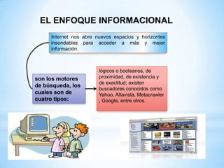 EL ENFOQUE INFORMACIONAL
     Internet nos abre nuevos espacios y horizontes
     insondables para acceder a más y mejor
     información.



                        lógicos o booleanos, de
son los motores         proximidad, de existencia y
                        de exactitud; existen
de búsqueda, los
                        buscadores conocidos como
cuales son de           Yahoo, Altavista, Metacrawler
cuatro tipos:           , Google, entre otros.
 