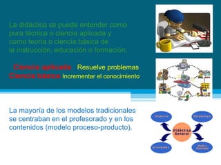 La didáctica se puede entender como
pura técnica o ciencia aplicada y
como teoría o ciencia básica de
la instrucción, educación o formación.

  Ciencia aplicada. Resuelve problemas
Ciencia básica Incrementar el conocimiento

La mayoría de los modelos tradicionales
se centraban en el profesorado y en los
contenidos (modelo proceso-producto).

 
