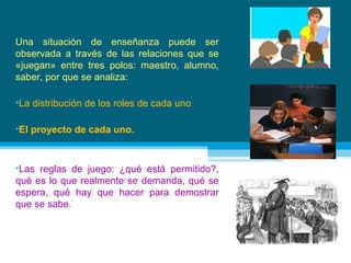 Una situación de enseñanza puede ser
observada a través de las relaciones que se
«juegan» entre tres polos: maestro, alumno,
saber, por que se analiza:
•La distribución de los roles de cada uno.
•El proyecto de cada uno.

•Las reglas de juego: ¿qué está permitido?,
qué es lo que realmente se demanda, qué se
espera, qué hay que hacer para demostrar
que se sabe.

 