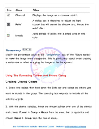 For video lectures Youtube – Platinum Classes Website : www.crackmycbse.com
Icon Name Effect
Charcoal Displays the image as a charcoal sketch.
Relief
A dialog box is displayed to adjust the light
source that will create the shadow and, hence, the
relief effect.
Mosaic
Joins groups of pixels into a single area of one
color.
Transparency
Modify the percentage value in the Transparency box on the Picture toolbar
to make the image more transparent. This is particularly useful when creating
a watermark or when wrapping the image in the background.
Using The Formatting Toolbar And Picture Dialog
Grouping Drawing Objects
1. Select one object, then hold down the Shift key and select the others you
want to include in the group. The bounding box expands to include all the
selected objects.
2. With the objects selected, hover the mouse pointer over one of the objects
and choose Format > Group > Group from the menu bar or right-click and
choose Group > Group from the pop-up menu.
 