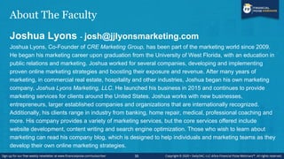 About The Faculty
Joshua Lyons - josh@jjlyonsmarketing.com
Joshua Lyons, Co-Founder of CRE Marketing Group, has been part ...