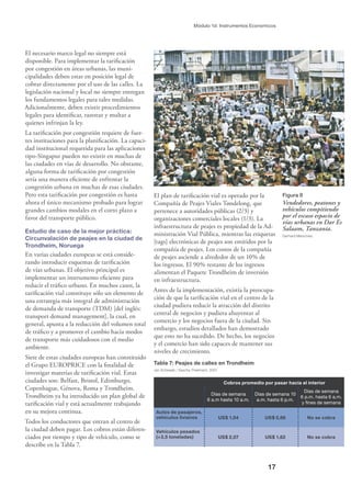 17
Módulo 1d: Instrumentos Economicos
Tabla 7: Peajes de calles en Trondheim
Jan Schwaab / Sascha Thielmann, 2001
Cobros promedio por pasar hacia el interior
Días de semana
6 a.m hasta 10 a.m.
Días de semana 10
a.m. hasta 6 p.m.
Días de semana
6 p.m. hasta 6 a.m.
y ﬁnes de semana
Autos de pasajeros,
vehículos livianos US$ 1,04 US$ 0,86 No se cobra
Vehículos pesados
(+3,5 toneladas) US$ 2,07 US$ 1,62 No se cobra
Figura 8
Vendedores, peatones y
vehículos compitiendo
por el escaso espacio de
vías urbanas en Dar Es
Salaam, Tanzania.
Gerhard Metschies
El necesario marco legal no siempre está
disponible. Para implementar la tariﬁcación
por congestión en áreas urbanas, las muni-
cipalidades deben estar en posición legal de
cobrar directamente por el uso de las calles. La
legislación nacional y local no siempre entregan
los fundamentos legales para tales medidas.
Adicionalmente, deben existir procedimientos
legales para identiﬁcar, rastrear y multar a
quienes infrinjan la ley.
La tariﬁcación por congestión requiere de fuer-
tes instituciones para la planiﬁcación. La capaci-
dad institucional requerida para las aplicaciones
tipo-Singapur pueden no existir en muchas de
las ciudades en vías de desarrollo. No obstante,
alguna forma de tariﬁcación por congestión
sería una manera eﬁciente de enfrentar la
congestión urbana en muchas de esas ciudades.
Pero esta tariﬁcación por congestión es hasta
ahora el único mecanismo probado para lograr
grandes cambios modales en el corto plazo a
favor del transporte público.
Estudio de caso de la mejor práctica:
Circunvalación de peajes en la ciudad de
Trondheim, Noruega
En varias ciudades europeas se está conside-
rando introducir esquemas de tariﬁcación
de vías urbanas. El objetivo principal es
implementar un instrumento eﬁciente para
reducir el tráﬁco urbano. En muchos casos, la
tariﬁcación vial constituye sólo un elemento de
una estrategia más integral de administración
de demanda de transporte (TDM) [del inglés:
transport demand management], la cual, en
general, apunta a la reducción del volumen total
de tráﬁco y a promover el cambio hacia modos
de transporte más cuidadosos con el medio
ambiente.
Siete de estas ciudades europeas han constituido
el Grupo EUROPRICE con la ﬁnalidad de
investigar materias de tariﬁcación vial. Estas
ciudades son: Belfast, Bristol, Edimburgo,
Copenhague, Génova, Roma y Trondheim.
Trondheim ya ha introducido un plan global de
tariﬁcación vial y está actualmente trabajando
en su mejora continua.
Todos los conductores que entran al centro de
la ciudad deben pagar. Los cobros están diferen-
ciados por tiempo y tipo de vehículo, como se
describe en la Tabla 7.
El plan de tariﬁcación vial es operado por la
Compañía de Peajes Viales Tøndelong, que
pertenece a autoridades públicas (2/3) y
organizaciones comerciales locales (1/3). La
infraestructura de peajes es propiedad de la Ad-
ministración Vial Pública, mientras las etiquetas
[tags] electrónicas de peajes son emitidos por la
compañía de peajes. Los costos de la compañía
de peajes asciende a alrededor de un 10% de
los ingresos. El 90% restante de los ingresos
alimentan el Paquete Trondheim de inversión
en infraestructura.
Antes de la implementación, existía la preocupa-
ción de que la tariﬁcación vial en el centro de la
ciudad pudiera reducir la atracción del distrito
central de negocios y pudiera ahuyentar al
comercio y los negocios fuera de la ciudad. Sin
embargo, estudios detallados han demostrado
que esto no ha sucedido. De hecho, los negocios
y el comercio han sido capaces de mantener sus
niveles de crecimiento.
 