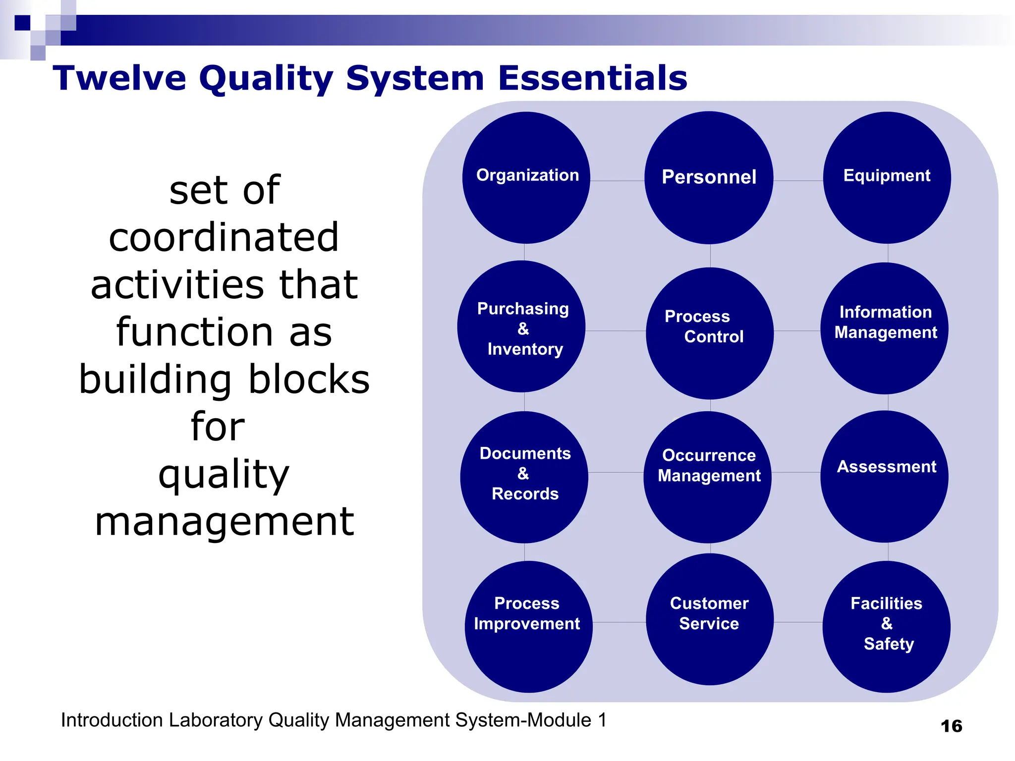 Introduction Laboratory Quality Management System-Module 1 16
Twelve Quality System Essentials
set of
coordinated
activities that
function as
building blocks
for
quality
management
Organization Personnel Equipment
Purchasing
&
Inventory
Process
Control
Information
Management
Documents
&
Records
Occurrence
Management
Assessment
Process
Improvement
Customer
Service
Facilities
&
Safety
 