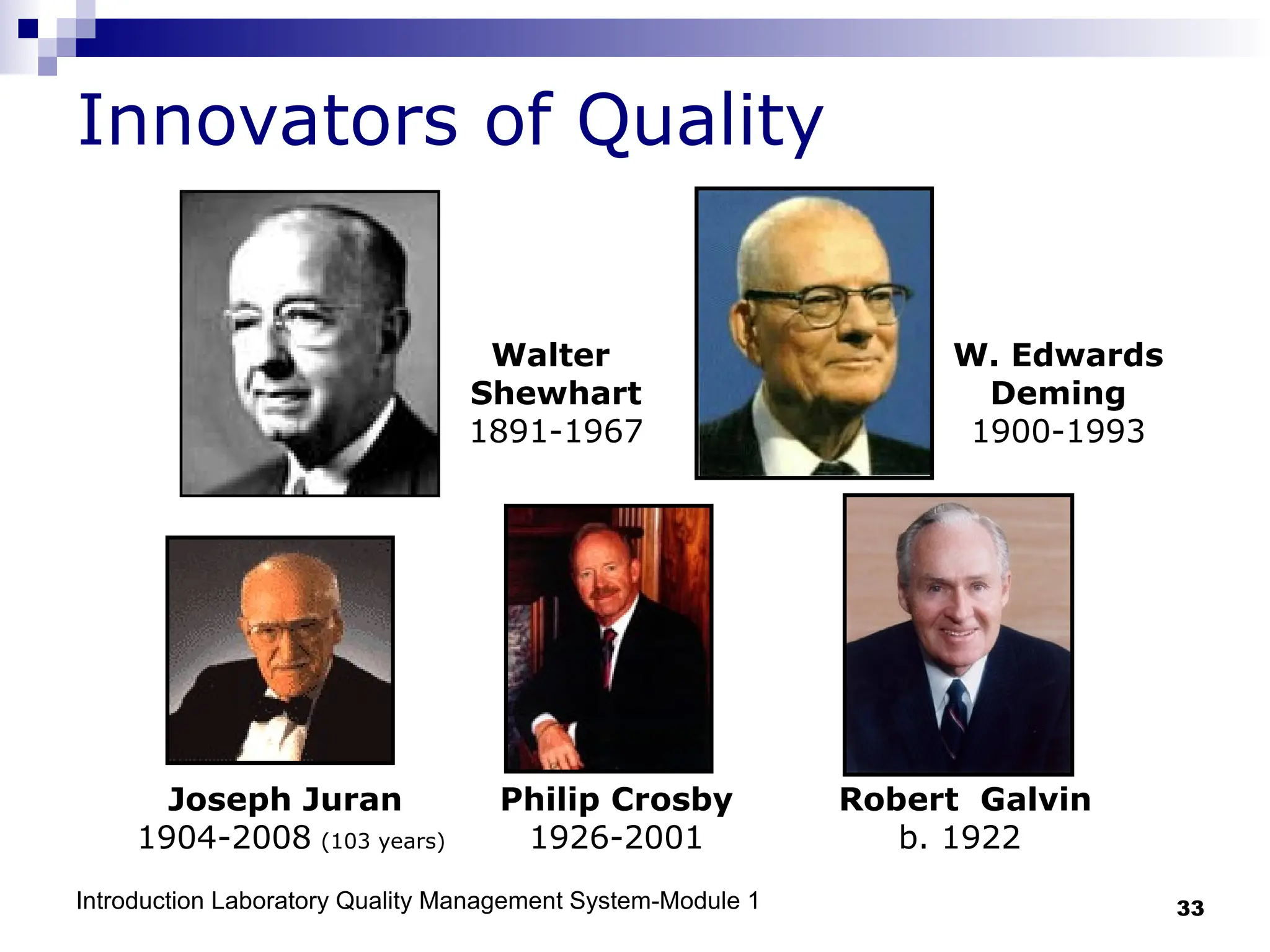 Introduction Laboratory Quality Management System-Module 1 33
Innovators of Quality
Walter
Shewhart
1891-1967
W. Edwards
Deming
1900-1993
Joseph Juran
1904-2008 (103 years)
Philip Crosby
1926-2001
Robert Galvin
b. 1922
 