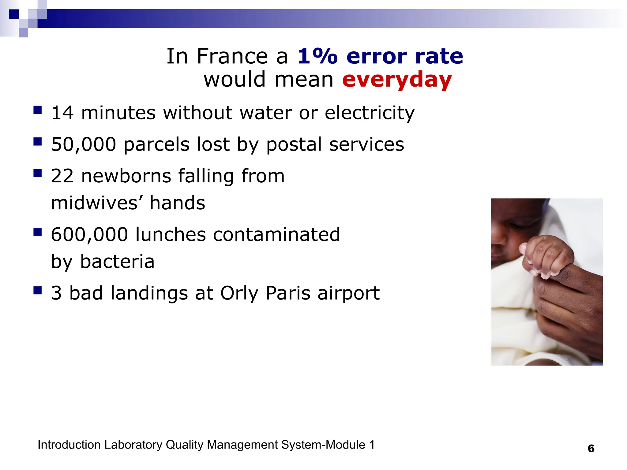 Introduction Laboratory Quality Management System-Module 1 6
In France a 1% error rate
would mean everyday
 14 minutes without water or electricity
 50,000 parcels lost by postal services
 22 newborns falling from
midwives’ hands
 600,000 lunches contaminated
by bacteria
 3 bad landings at Orly Paris airport
 