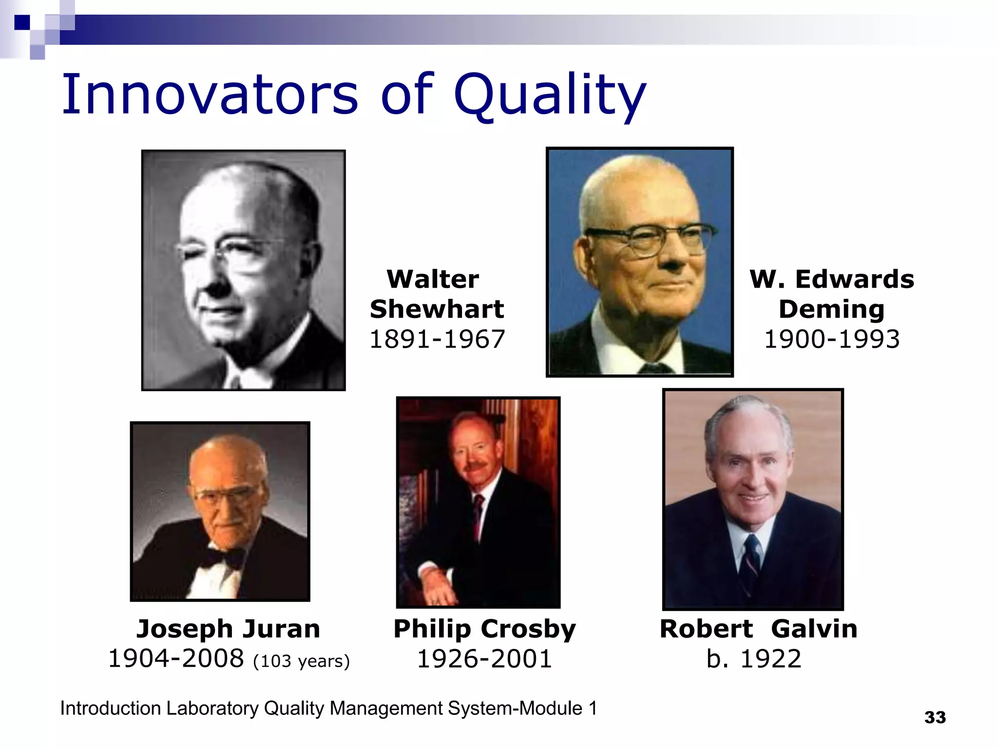 Introduction Laboratory Quality Management System-Module 1 33
Innovators of Quality
Walter
Shewhart
1891-1967
W. Edwards
Deming
1900-1993
Joseph Juran
1904-2008 (103 years)
Philip Crosby
1926-2001
Robert Galvin
b. 1922
 