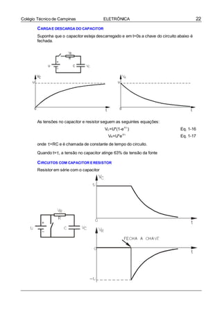 22Colégio Técnico de Campinas ELETRÔNICA
CARGAE DESCARGA DO CAPACITOR
Suponha que o capacitor esteja descarregado e em t=0s a chave do circuito abaixo é
fechada.
As tensões no capacitor e resistor seguem as seguintes equações:
VC=U*(1-e-t/
) Eq. 1-16
VR=U*e-t/
Eq. 1-17
onde =RC e é chamada de constante de tempo do circuito.
Quando t=, a tensão no capacitor atinge 63% da tensão da fonte
CIRCUITOS COM CAPACITOR ERESISTOR
Resistor em série com o capacitor
 
