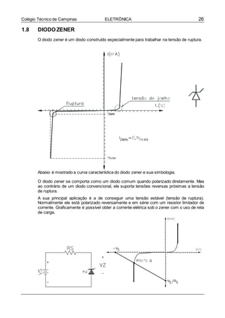 26Colégio Técnico de Campinas ELETRÔNICA
1.8 DIODO ZENER
O diodo zener é um diodo construído especialmente para trabalhar na tensão de ruptura.
Abaixo é mostrado a curva característica do diodo zener e sua simbologia.
O diodo zener se comporta como um diodo comum quando polarizado diretamente. Mas
ao contrário de um diodo convencional, ele suporta tensões reversas próximas a tensão
de ruptura.
A sua principal aplicação é a de conseguir uma tensão estável (tensão de ruptura).
Normalmente ele está polarizado reversamente e em série com um resistor limitador de
corrente. Graficamente é possível obter a corrente elétrica sob o zener com o uso de reta
de carga.
 