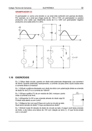 32Colégio Técnico de Campinas ELETRÔNICA
GRAMPEADOR CC
O grampeador cc soma uma tensão cc ao sinal (não confundir com grampo de diodo).
Por exemplo, se o sinal que chega oscila de -10V a +10V, um grampeador cc positivo
produziria uma saída que idealmente oscila de 0 a +20V (um grampeador negativo
produziria uma saída entre 0 e -20V).
1.10 EXERCÍCIOS
Ex. 1-1)Num dado circuito, quando um diodo está polarizado diretamente, sua corrente é
de 50mA. Quando polarizado reversamente, a corrente cai para 20nA. Qual a razão entre
a corrente direta e a reversa?
Ex. 1-2)Qual a potência dissipada num diodo de silício com polarização direta se a tensão
de diodo for de 0,7V e a corrente de 100mA?
Ex. 1-3)Faça o gráfico I*V de um resistor de 2k. marque o ponto
onde a corrente é de 4mA.
Ex. 1-4)Suponha VS=5V e que a tensão através do diodo seja 5V.
O diodo está aberto ou em curto?
Ex. 1-5)Alguma faz com que R fique em curto no circuito ao lado.
Qual será a tensão do diodo? O que acontecerá ao diodo?
Ex. 1-6)Você mede 0V através do diodo do circuito ao lado. A seguir você testa a tensão
da fonte, e ela indica uma leitura de +5V com relação ao terra (-). O que há de errado
com o circuito?
 