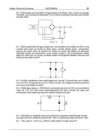 36Colégio Técnico de Campinas ELETRÔNICA
Ex. 1-29)A tensão do secundário na figura abaixo é de 25Vac. Com a chave na posição
mostrada, qual a tensão de saída ideal? Com a chave na posição mais alta, qual a tensão
de saída ideal?
Ex. 1-30)O amperímetro da figura abaixo tem uma resistência de medidor de 2k e uma
corrente para fundo de escala de 50µA. Qual a tensão através desse amperímetro
quando ele indicar fundo de escala? Os diodos às vezes são ligados em derivação
(Shunted) através do amperímetro, como mostra a figura 4. Se o amperímetro estiver
ligado em série com um circuito, os diodos podem ser de grande utilidade. Para que você
acha que eles podem servir?
Ex. 1-31)Dois reguladores zener estão ligados em cascata. O primeiro tem um Rs=680
e um Rz=10. O segundo tem um Rs=1,2k e Rz=6. Se o Ripple da fonte for de 9V de
pico a pico, qual Ripple na saída?
Ex. 1-32)Na figura abaixo, o 1N1594 tem uma tensão de zener de 12V e uma resistência
zener de 1,4. Se você medir aproximadamente 20V para a tensão de carga, que
componente você sugere que está com defeito? Explique por quê?
Ex. 1-33)Projete um regulador zener que preencha as seguintes especificações: tensão
da carga é de 6,8V, tensão da fonte de 20V □20%, e corrente de carga é de 30mA □50%.
Ex. 1-34) para VRL =4,7V e IZMAX=40mA. Quais valores VS pode assumir?
 