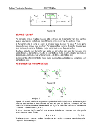 42Colégio Técnico de Campinas ELETRÔNICA
Figura 2-6
TRANSISTOR PNP
No transistor pnp as regiões dopadas são contrárias as do transistor npn. Isso significa
que as lacunas são portadores majoritários no emissor em vez dos elétrons livres.
O funcionamento é como a seguir. O emissor injeta lacunas na base. A maior parte
dessas lacunas circula para o coletor. Por essa razão a corrente de coletor é quase igual
a do emissor. A corrente de base é muito menor que essas duas correntes.
Qualquer circuito com transistor npn pode ser convertido para uso de transistor pnp.
Basta trocar os transistores, inverter a polaridade da fonte de alimentação, os diodos e
capacitores polarizados. E o funcionamento será idêntico ao modelo npn.
Considerando esta similaridade, neste curso os circuitos analisados são sempre os com
transistores npn.
AS CORRENTES NO TRANSISTOR
Figura 2-7
A Figura 2-7
Figura 2-7 mostra o símbolo esquemático para um transistor pnp e npn. A diferenciação a
nível de esquemático é feito através da seta no pino do emissor. A direção da seta
mostra o fluxo de corrente convencional. Na figura é mostrado também o sentido das
correntes convencionais IB , IC e IE .
A lei de correntes de Kirchhoff diz que a soma de todas as correntes num nó é igual a
soma das que saem. Então:
IE = IC + IB Eq. 2- 1
A relação entre a corrente contínua de coletor e a corrente contínua de base é chamada
de ganho de corrente CC :
 