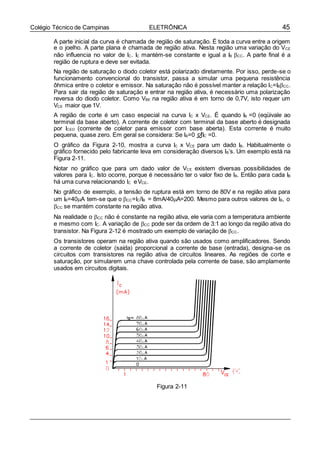 45Colégio Técnico de Campinas ELETRÔNICA
A parte inicial da curva é chamada de região de saturação. É toda a curva entre a origem
e o joelho. A parte plana é chamada de região ativa. Nesta região uma variação do VCE
não influencia no valor de IC. IC mantém-se constante e igual a IB CC. A parte final é a
região de ruptura e deve ser evitada.
Na região de saturação o diodo coletor está polarizado diretamente. Por isso, perde-se o
funcionamento convencional do transistor, passa a simular uma pequena resistência
ôhmica entre o coletor e emissor. Na saturação não é possível manter a relação IC=IBCC.
Para sair da região de saturação e entrar na região ativa, é necessário uma polarização
reversa do diodo coletor. Como VBE na região ativa é em torno de 0,7V, isto requer um
VCE maior que 1V.
A região de corte é um caso especial na curva IC x VCE. É quando IB =0 (eqüivale ao
terminal da base aberto). A corrente de coletor com terminal da base aberto é designada
por ICEO (corrente de coletor para emissor com base aberta). Esta corrente é muito
pequena, quase zero. Em geral se considera: Se IB=0 IC =0.
O gráfico da Figura 2-10, mostra a curva IC x VCE para um dado IB. Habitualmente o
gráfico fornecido pelo fabricante leva em consideração diversos IB’s. Um exemplo está na
Figura 2-11.
Notar no gráfico que para um dado valor de VCE existem diversas possibilidades de
valores para IC. Isto ocorre, porque é necessário ter o valor fixo de IB. Então para cada IB
há uma curva relacionando IC eVCE.
No gráfico de exemplo, a tensão de ruptura está em torno de 80V e na região ativa para
um IB=40A tem-se que o CC=IC/IB = 8mA/40A=200. Mesmo para outros valores de IB, o
CC se mantém constante na região ativa.
Na realidade o CC não é constante na região ativa, ele varia com a temperatura ambiente
e mesmo com IC. A variação de CC pode ser da ordem de 3:1 ao longo da região ativa do
transistor. Na Figura 2-12 é mostrado um exemplo de variação de CC.
Os transistores operam na região ativa quando são usados como amplificadores. Sendo
a corrente de coletor (saída) proporcional a corrente de base (entrada), designa-se os
circuitos com transistores na região ativa de circuitos lineares. As regiões de corte e
saturação, por simularem uma chave controlada pela corrente de base, são amplamente
usados em circuitos digitais.
Figura 2-11
 