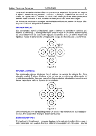 6Colégio Técnico de Campinas ELETRÔNICA
características destes cristais é feito um processo de purificação do cristal e em seguida
é injetado através de um processo controlado, a inserção proposital de impurezas na
ordem de 1 para cada 106
átomos do cristal, com a intenção de se alterar produção de
elétrons livres e lacunas. A este processo de inserção dá-se o nome de dopagem.
As impurezas utilizadas na dopagem de um cristal semicondutor podem ser de dois tipos:
impureza doadoras e impurezas aceitadoras.
IMPUREZA DOADORA
São adicionados átomos pentavalentes (com 5 elétrons na camada de valência. Ex.:
Fósforo e Antimônio). O átomo pentavalente entra no lugar de um átomo de silício dentro
do cristal absorvendo as suas quatro ligações covalentes, e fica um elétron fracamente
ligado ao núcleo do pentavalente (uma pequena energia é suficiente para se tornar livre).
Figura 1-3
IMPUREZA ACEITADORA
São adicionados átomos trivalentes (tem 3 elétrons na camada de valência. Ex.: Boro,
alumínio e gálio). O átomo trivalente entra no lugar de um átomo de silício dentro do
cristal absorvendo três das suas quatro ligações covalentes. Isto significa que existe uma
lacuna na órbita de valência de cada átomo trivalente.
Figura 1-4
Um semicondutor pode ser dopado para ter um excesso de elétrons livres ou excesso de
lacunas. Por isso existem dois tipos de semicondutores:
SEMICONDUTOR TIPO N
O cristal que foi dopado com impureza doadora é chamado semicondutor tipo n, onde n
está relacionado com negativo. Como os elétrons livres excedem em número as lacunas
 