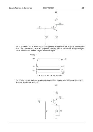 95Colégio Técnico de Campinas ELETRÔNICA
mA)
8m VGS =
4m -0,5V
2m -1V
-1,5V
-2,0V
Ex. 7-2) Dados: VDD = +12V, VGSQ=-0,5V (tensão de operação de VGS) e ID = 8mA (para
VDS= 0V). Calcule RD , RS e RG (suponha IG=5A), para o circuito de autopolarização.
Utilize o método da reta de carga e a curva a seguir.
ID(
0V
2 4 6 8 10 12 14 16 VDS (V)
Ex. 7-3) No circuito da figura abaixo calcule AV e ZENT . Dados: gm=3000mho, RG=2M2,
RS=1k, RD=4k7 e VDD=18V.
 