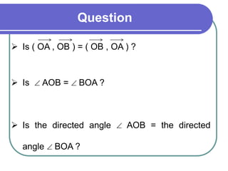 Question
 Is ( OA , OB ) = ( OB , OA ) ?
 Is  AOB =  BOA ?
 Is the directed angle  AOB = the directed
angle  BOA ?
 