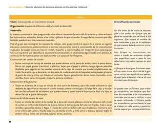 74
Guía-Cuaderno 3: Atención educativa de alumnos y alumnas con discapacidad intelectual
Sesión 4
Título: Construyendo un instrumento musical
Organización: Equipos de diferente edad y/o nivel de desarrollo
Diversificación curricular
Desarrollo:
La maestra comienza la clase preguntando a los niños si recuerdan la visita del día anterior y cómo se hacen
los instrumentos musicales. Anima a los niños a platicar lo que recuerdan. Enseguida les comenta que ellos
también pueden hacer instrumentos musicales.
Pide al grupo que reintegren los equipos de trabajo, cada grupo tendrá el apoyo de al menos un agente
educativo comunitario; posteriormente se dan las instrucciones sobre la construcción de los instrumentos
musicales, las cuales están escritas en tzeltal y español, y representadas con imágenes; para cada equipo
hay una hoja bond que especifica la secuencia de construcción. Si se presenta alguna duda en el proceso de
construcción la maestra apoya con explicaciones y se apoya de las imágenes.
Construcción del tambor de cartón:
»» Quitar una tapa de la caja de manera que quede abierta por la parte de arriba; cubrir la parte descu-
bierta con papel grueso (cartulina) o plástico, dejar que el papel o plástico tenga algunas pestañas
alrededor para pegarlas en las paredes externas de la caja, de manera que quede completamente ce-
rrada; forrarse la caja y decorarla; los dos palos de madera servirán de baquetas, éstas pueden pintarse
al gusto de niñas y niños con dibujos de animales, figuras geométricas, letras, notas musicales, o con
semillas, hojas secas, lentejuela, chaquira, pintura, etcétera.
Construcción de la guitarra:
»» Trazar en el centro de la caja un círculo de unos 10cm de diámetro, para ello puede utilizarse la tapa
redonda de algún frasco; recortar el círculo trazado; colocar varias ligas a lo largo de la caja, y se suje-
tan con las tachuelas de tal manera que queden tensas y pasen sobre el hoyo que se hizo a la caja; se
decora la caja al gusto del equipo.
Construcción de la maraca de vaso:
»» Cortar un círculo de cartón de la medida de la boca del vaso de plástico. Cortar en el centro del círculo
de cartón un orificio del diámetro de la vara. Llenar la tercera parte del vaso con frijoles, maíz u otras
semillas o pequeñas piedras ). Pegar el círculo de cartón en la boca del vaso de plástico. Insertar la vara
en el orificio del cartón y fijarla, ésta será de donde el niño y niña tome la maraca; decorar según lo
deseen niñas y niños con animales, figuras, letras, etcétera.
Un día antes de la sesión la docente
pide a los padres de Quique que ex-
plore los materiales que utilizará al día
siguiente. Que repace el nombre de
esos materiales y que se le expliquen
de qué manera deberá construir su ins-
trumento.
Para Quique las instrucciones son
dadas a través de oraciones simples
que especifican paso a paso lo que
debe hacer. Los padres apoyan en esta
tarea.
A Quique se le asignan funciones espe-
cíficas como: trazar el círculo de la gui-
tarra; cortar, con ayuda de sus padres,
el papel para el tambor o llenar el vaso
con maíz para la maraca.
Se puede crear un fichero, para traba-
jar vocabulario, con tarjetas que ilus-
tren los materiales o los instrumentos
musicales que se van a utilizar, o que
se estén utilizando. El fichero puede
ser acumulativo aprovechando lo que
se trabaje en cada sesión y posterior-
mente separar por campos semánticos.
 