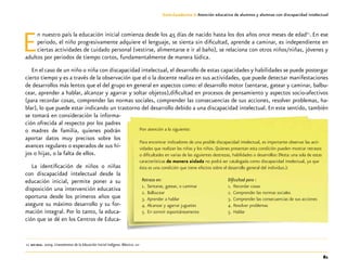81
Guía-Cuaderno 3: Atención educativa de alumnos y alumnas con discapacidad intelectual
En nuestro país la educación inicial comienza desde los 45 días de nacido hasta los dos años once meses de edad11
. En ese
periodo, el niño progresivamente adquiere el lenguaje, se sienta sin dificultad, aprende a caminar, es independiente en
ciertas actividades de cuidado personal (vestirse, alimentarse e ir al baño), se relaciona con otros niños/niñas, jóvenes y
adultos por periodos de tiempo cortos, fundamentalmente de manera lúdica.
En el caso de un niño o niña con discapacidad intelectual, el desarrollo de estas capacidades y habilidades se puede postergar
cierto tiempo y es a través de la observación que el o la docente realiza en sus actividades, que puede detectar manifestaciones
de desarrollos más lentos que el del grupo en general en aspectos como: el desarrollo motor (sentarse, gatear y caminar, balbu-
cear, aprender a hablar, alcanzar y agarrar y soltar objetos),dificultad en procesos de pensamiento y aspectos socio-afectivos
(para recordar cosas, comprender las normas sociales, comprender las consecuencias de sus acciones, resolver problemas, ha-
blar), lo que puede estar indicando un trastorno del desarrollo debido a una discapacidad intelectual. En este sentido, también
se tomará en consideración la informa-
ción ofrecida al respecto por los padres
o madres de familia, quienes podrán
aportar datos muy precisos sobre los
avances regulares o esperados de sus hi-
jos o hijas, o la falta de ellos.
La identificación de niños o niñas
con discapacidad intelectual desde la
educación inicial, permite poner a su
disposición una intervención educativa
oportuna desde los primeros años que
asegure su máximo desarrollo y su for-
mación integral. Por lo tanto, la educa-
ción que se dé en los Centros de Educa-
	11	sep-dgei. 2009. Lineamientos de la Educación Inicial Indígena. México: sep
Pon atención a lo siguiente:
Para encontrar indicadores de una posible discapacidad intelectual, es importante observar las acti-
vidades que realizan las niñas y los niños. Quienes presentan esta condición pueden mostrar retrasos
o dificultades en varias de las siguientes destrezas, habilidades o desarrollos: (Nota: una sola de estas
características de manera aislada no podrá ser catalogada como discapacidad intelectual, ya que
ésta es una condición que tiene efectos sobre el desarrollo general del individuo.):
Retraso en:
1.	 Sentarse, gatear, o caminar
2.	Balbucear
3.	 Aprender a hablar
4.	Alcanzar y agarrar juguetes
5.	 En sonreír espontáneamente
Dificultad para :
1.	 Recordar cosas
2.	 Comprender las normas sociales
3.	 Comprender las consecuencias de sus acciones
4.	Resolver problemas
5.	Hablar
 