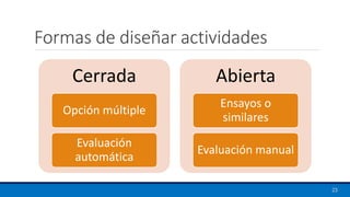 Formas de diseñar actividades
Cerrada
Opción múltiple
Evaluación
automática
Abierta
Ensayos o
similares
Evaluación manual
23
 