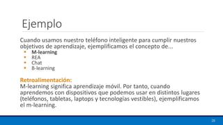 Ejemplo
Cuando usamos nuestro teléfono inteligente para cumplir nuestros
objetivos de aprendizaje, ejemplificamos el concepto de...
▪ M-learning
▪ REA
▪ Chat
▪ B-learning
Retroalimentación:
M-learning significa aprendizaje móvil. Por tanto, cuando
aprendemos con dispositivos que podemos usar en distintos lugares
(teléfonos, tabletas, laptops y tecnologías vestibles), ejemplificamos
el m-learning.
28
 