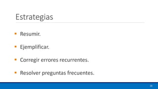 Estrategias
▪ Resumir.
▪ Ejemplificar.
▪ Corregir errores recurrentes.
▪ Resolver preguntas frecuentes.
38
 