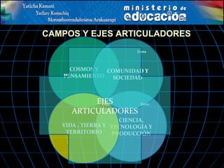 CAMPOS Y EJES ARTICULADORES
COSMOS Y
PENSAMIENTO
CIENCIA,
TECNOLOGÍA Y
PRODUCCIÓN
COMUNIDAD Y
SOCIEDAD
VIDA , TIERRA Y
TERRITORIO
Trans Inter
Intra
EJES
ARTICULADORES
 