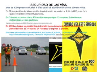SEGURIDAD DE LAS VÍAS
Mas de 3000 personas mueren al día a causa de accidentes de trafico. 500 son niños.
En GB las perdidas debidas a accidentes de transito ascienden al 1,5% del PIB, mas de lo
    que se invierte en infraestructura vial.
En Colombia ocurren a diario 450 accidentes que dejan 13 muertos, 5 de ellos son
    motociclistas y 4 son peatones.
http://pon-cuidado.blogspot.com/2010/05/campana-de-prevencion-vial-colombiana.html

En 1999 en Ibague los accidentes de transito fueron la segunda causa de muerte en
    personas entre 15 y 44 anos. En Flandes y El Espinal, la primera.
http://www.grsproadsafety.org/knowledge-facts_and_figures_of_a_global_ 2. Campaign for Safe Road Design.
     http://www.saferoaddesign.com/ 3. Fondo de Prevencion Vial. http://www.fonprevial.org.co

http://www.scielo.org.co/scielo.php?pid=S0120-00112006000300007&script=sci_arttext
 